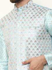 Men's Silk Blend Printed Sky Blue Kurta and Cream Pyjama With Designer Sky Blue Nehru Jacket