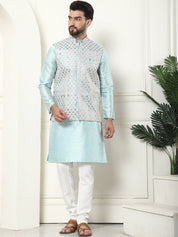 Men's Silk Blend Printed Sky Blue Kurta and Cream Pyjama With Designer Sky Blue Nehru Jacket