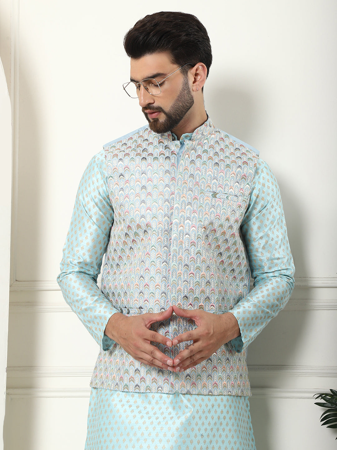 Men's Silk Blend Printed Sky Blue Kurta and Cream Pyjama With Designer Sky Blue Nehru Jacket