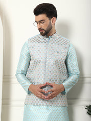 Men's Silk Blend Printed Sky Blue Kurta and Cream Pyjama With Designer Sky Blue Nehru Jacket