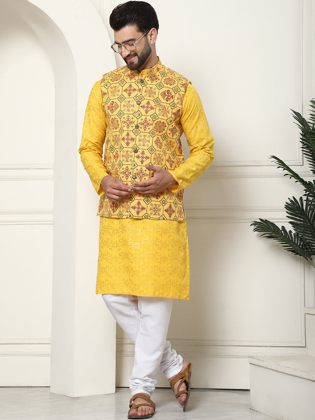 Men's Cotton foil printed Mustard Kurta and White Pyjama With Printed Yellow Nehru Jacket Set