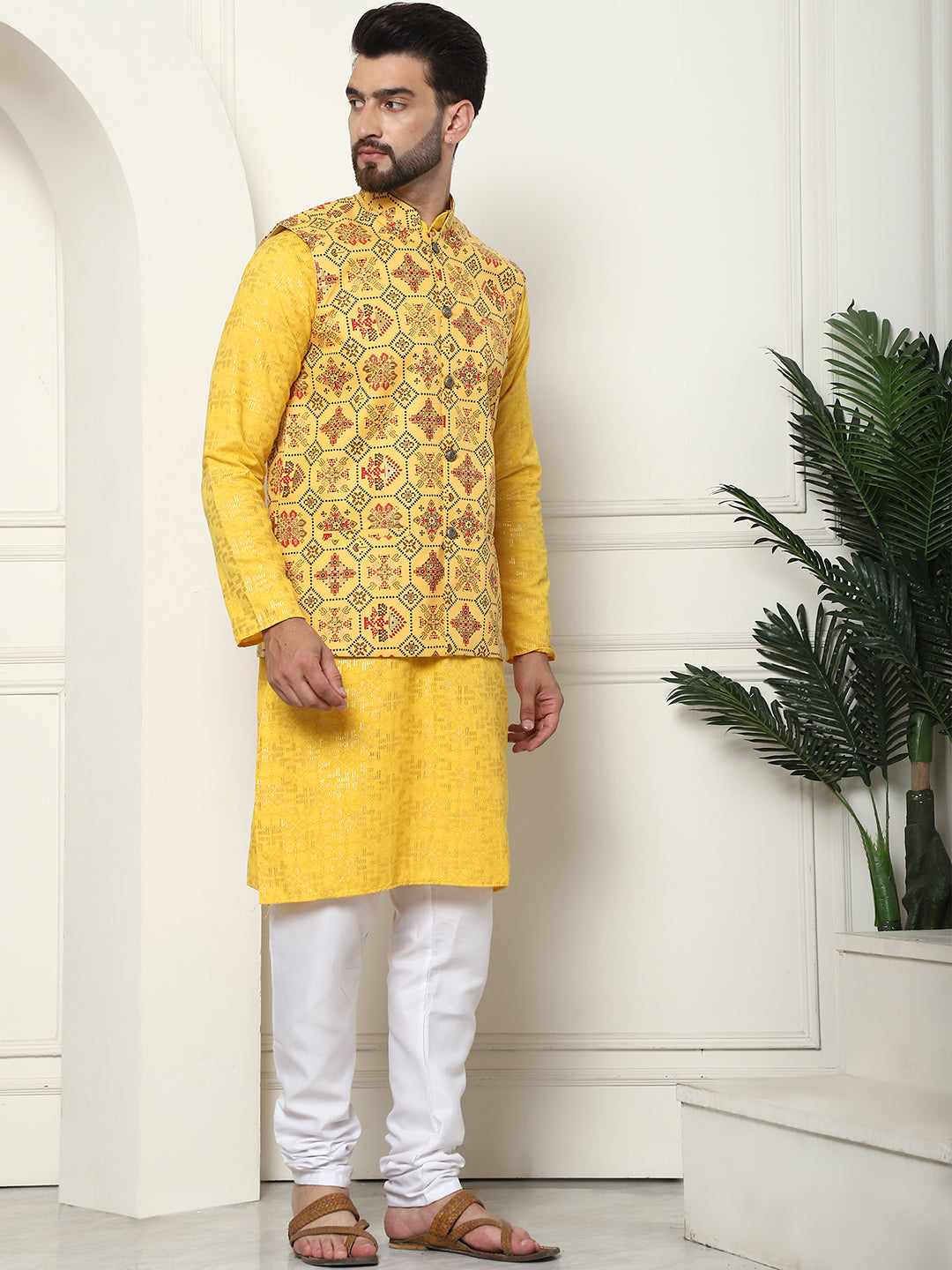 Men's Cotton foil printed Mustard Kurta and White Pyjama With Printed Yellow Nehru Jacket Set