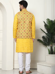 Men's Cotton foil printed Mustard Kurta and White Pyjama With Printed Yellow Nehru Jacket Set