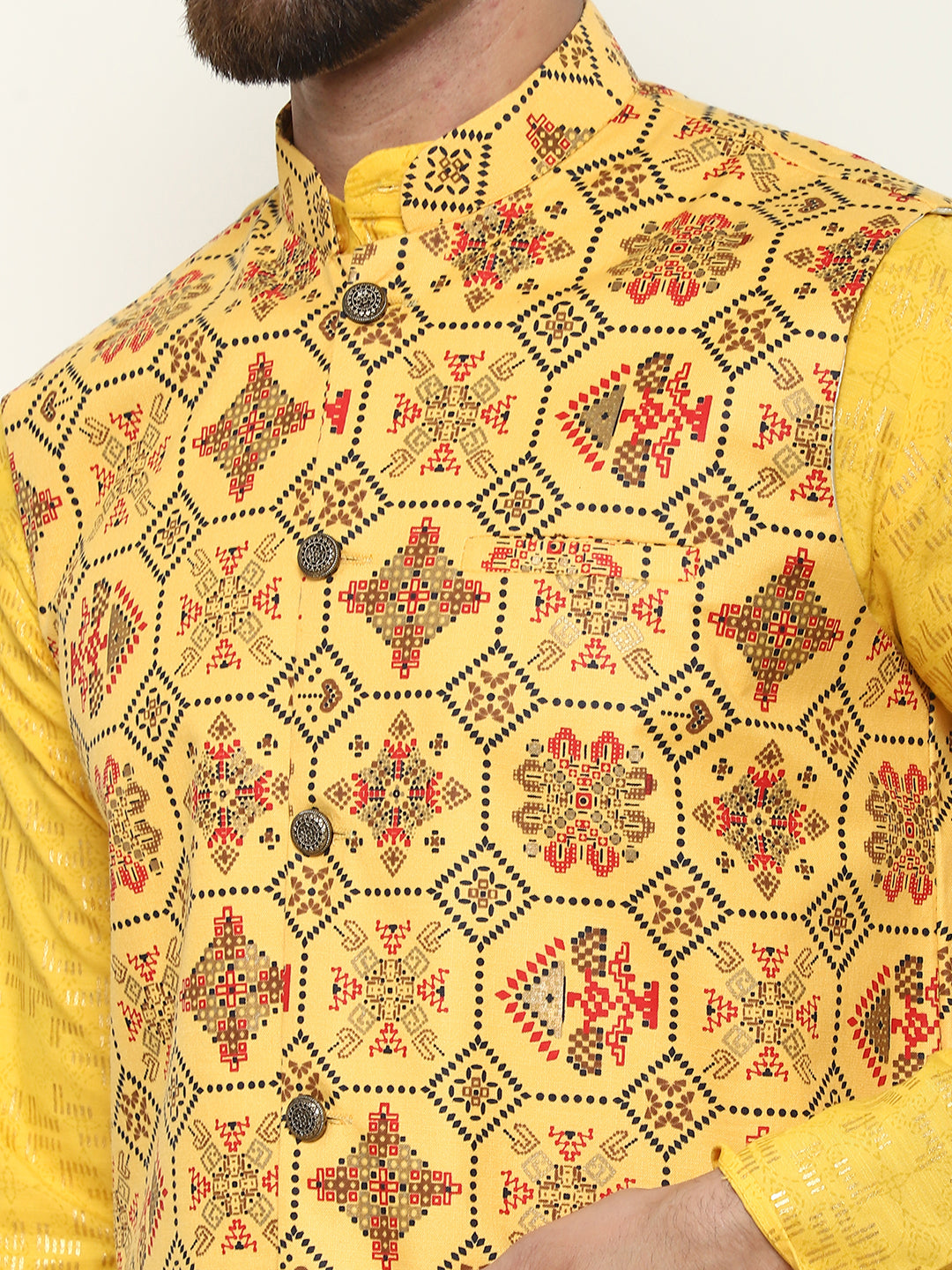 Men's Cotton foil printed Mustard Kurta and White Pyjama With Printed Yellow Nehru Jacket Set