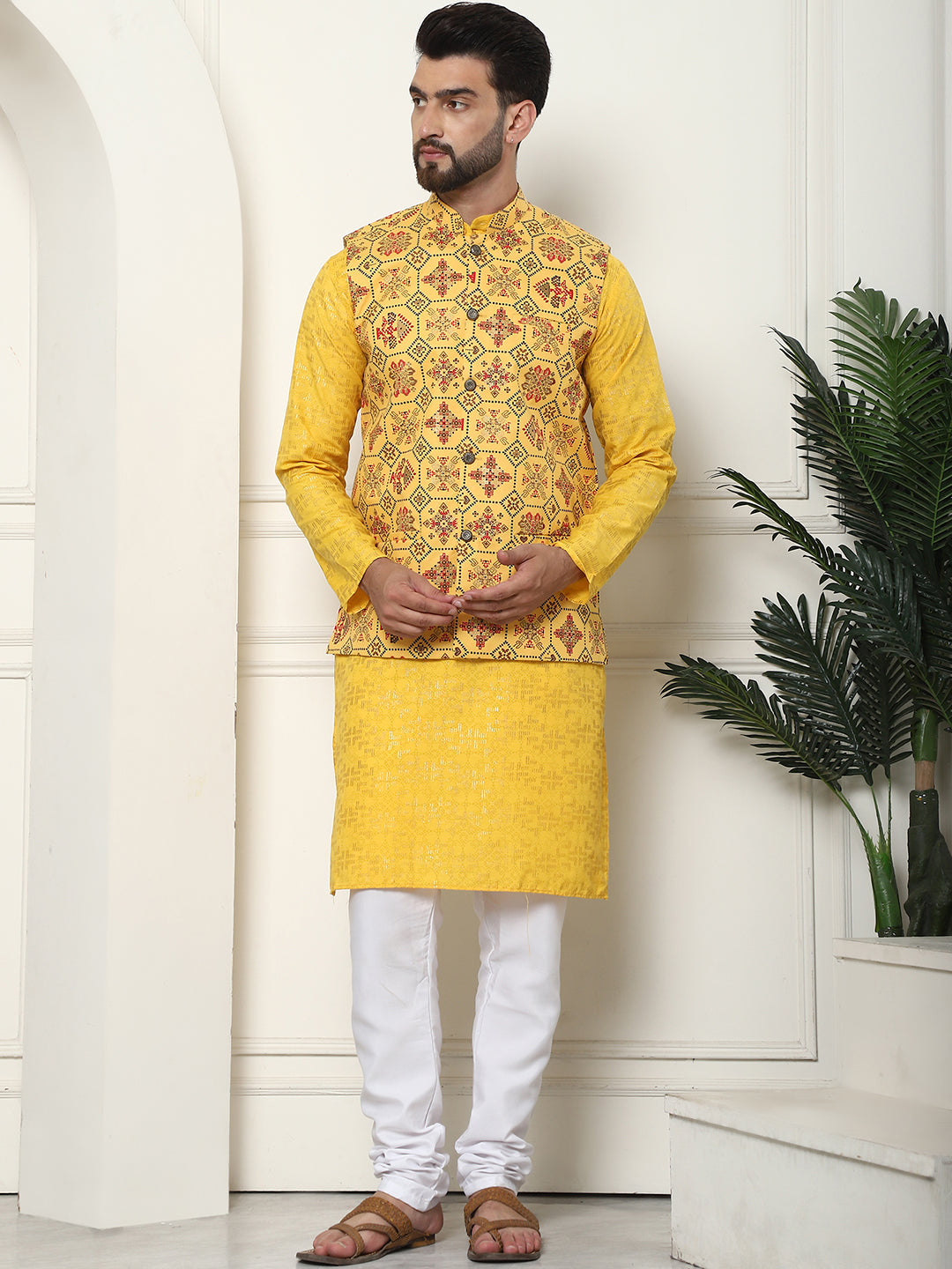 Men's Cotton foil printed Mustard Kurta and White Pyjama With Printed Yellow Nehru Jacket Set