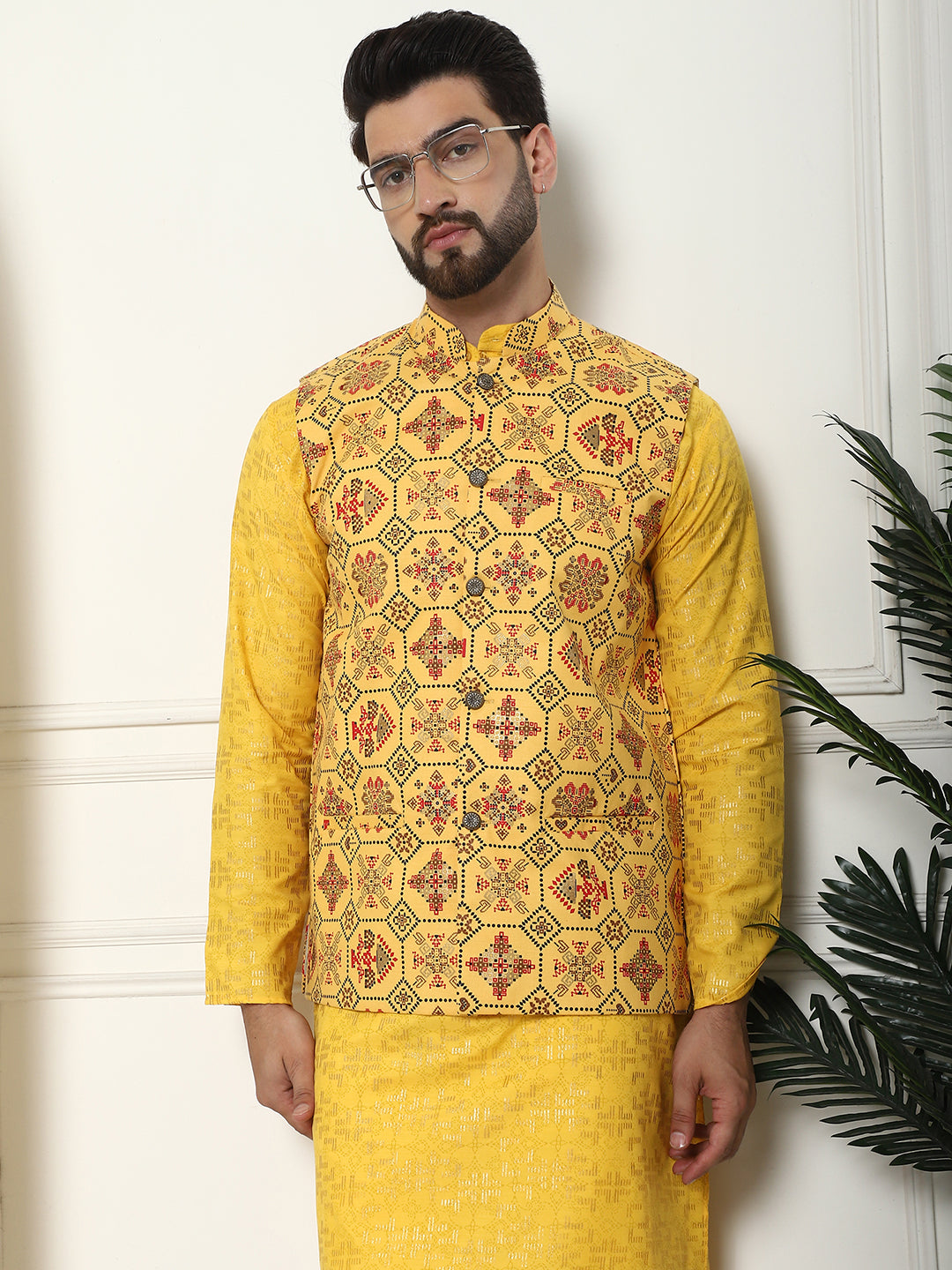 Men's Cotton foil printed Mustard Kurta and White Pyjama With Printed Yellow Nehru Jacket Set