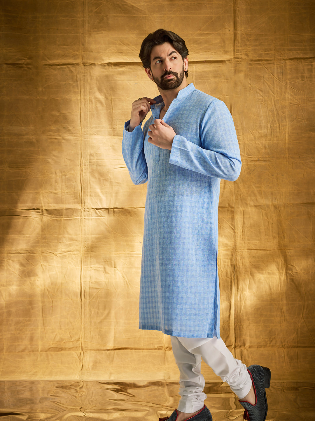 Men's Cotton Blend Checked Blue Kurta & Churidar Pyjama Set