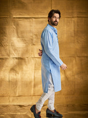 Men's Cotton Blend Checked Blue Kurta & Churidar Pyjama Set