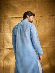 Men's Cotton Blend Checked Blue Kurta & Churidar Pyjama Set