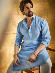 Men's Cotton Blend Checked Blue Kurta & Churidar Pyjama Set