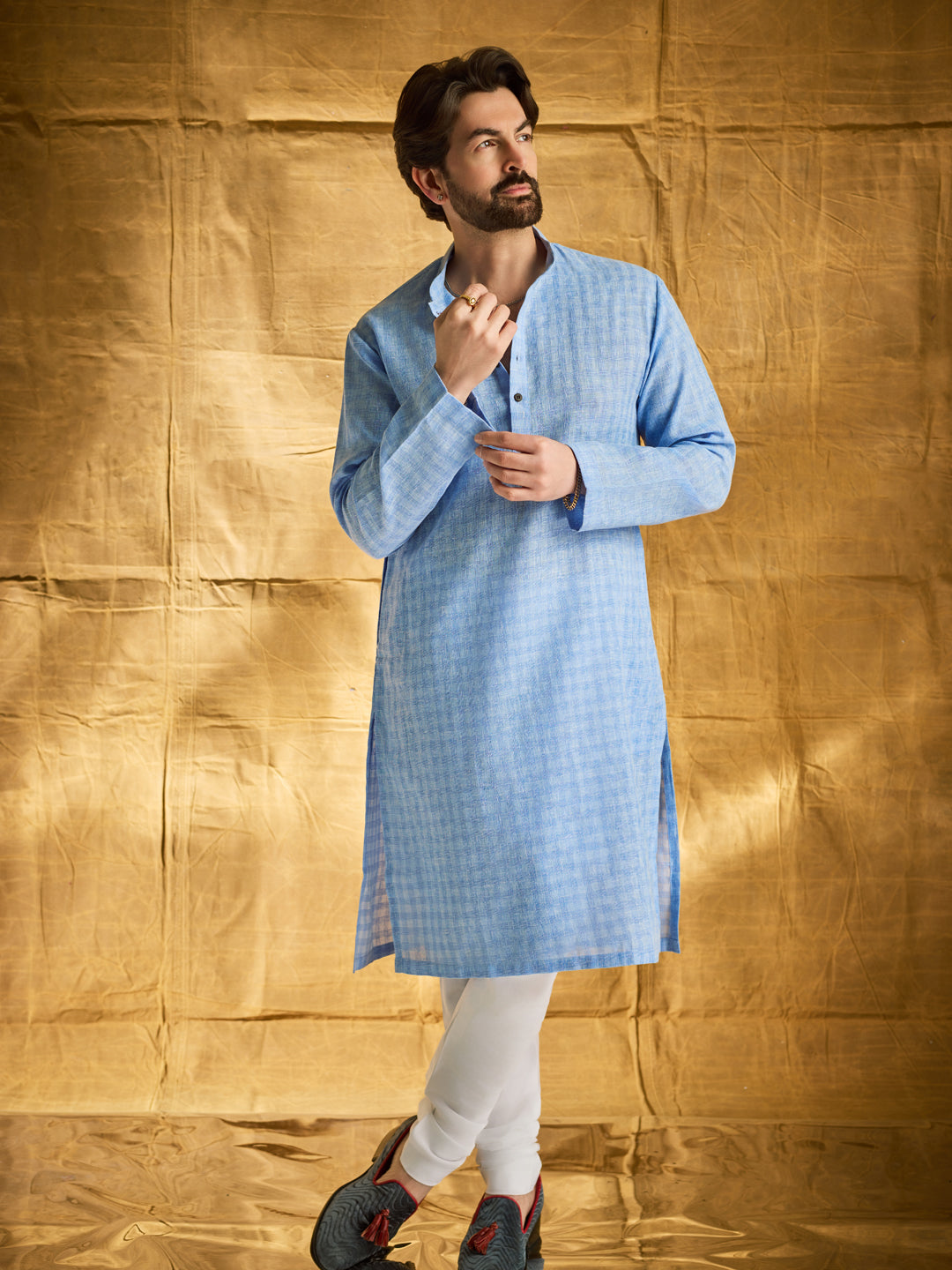 Men's Cotton Blend Checked Blue Kurta & Churidar Pyjama Set