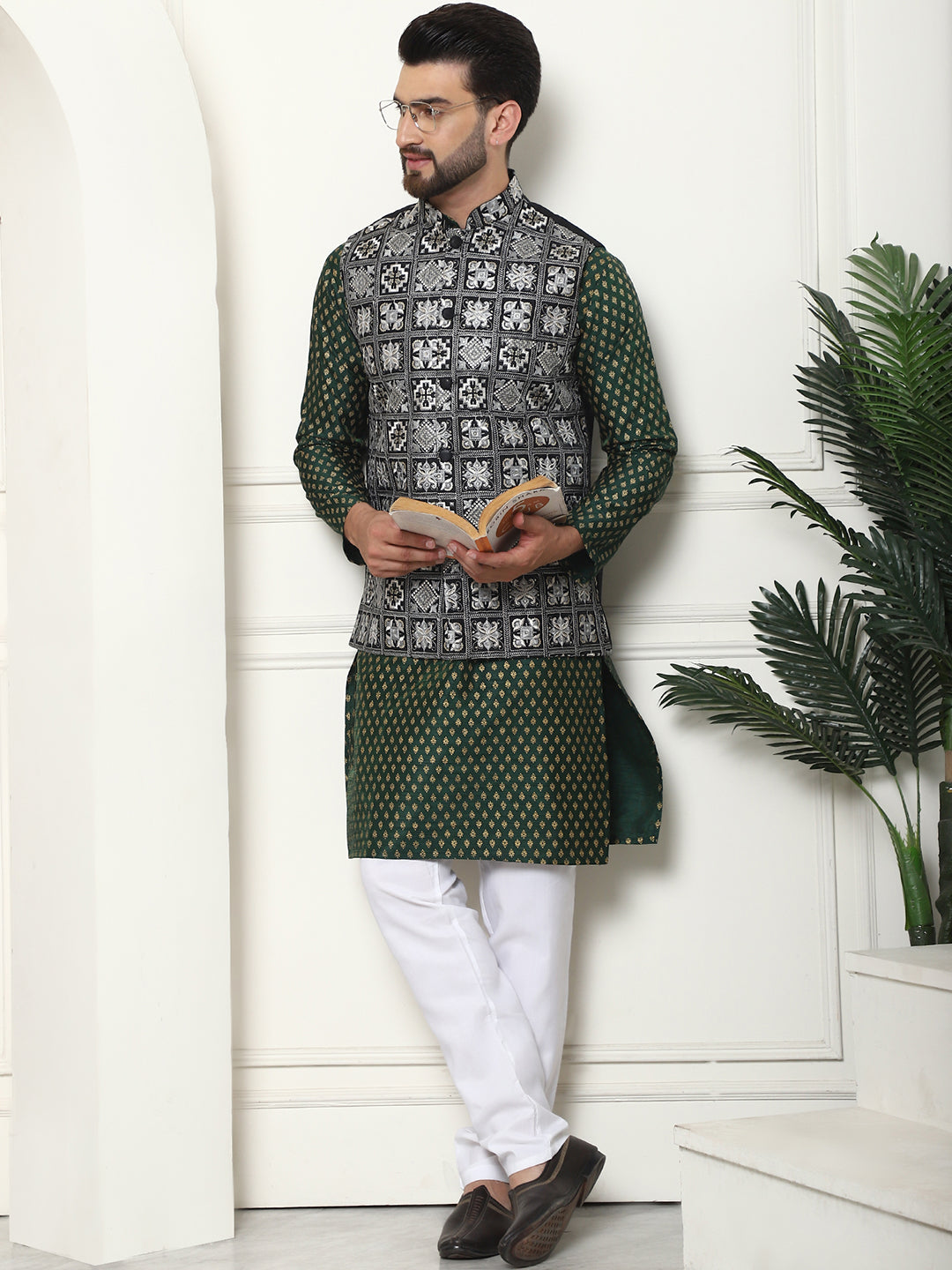 Men's Silk Blend Printed Dark Green Kurta and White Pyjama With Embroidered Black Nehru Jacket