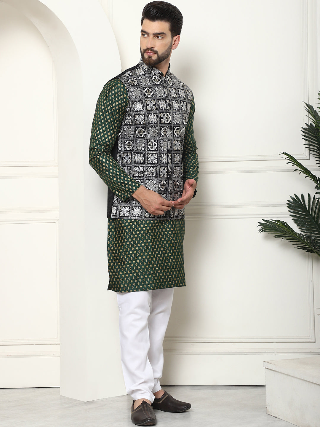 Men's Silk Blend Printed Dark Green Kurta and White Pyjama With Embroidered Black Nehru Jacket