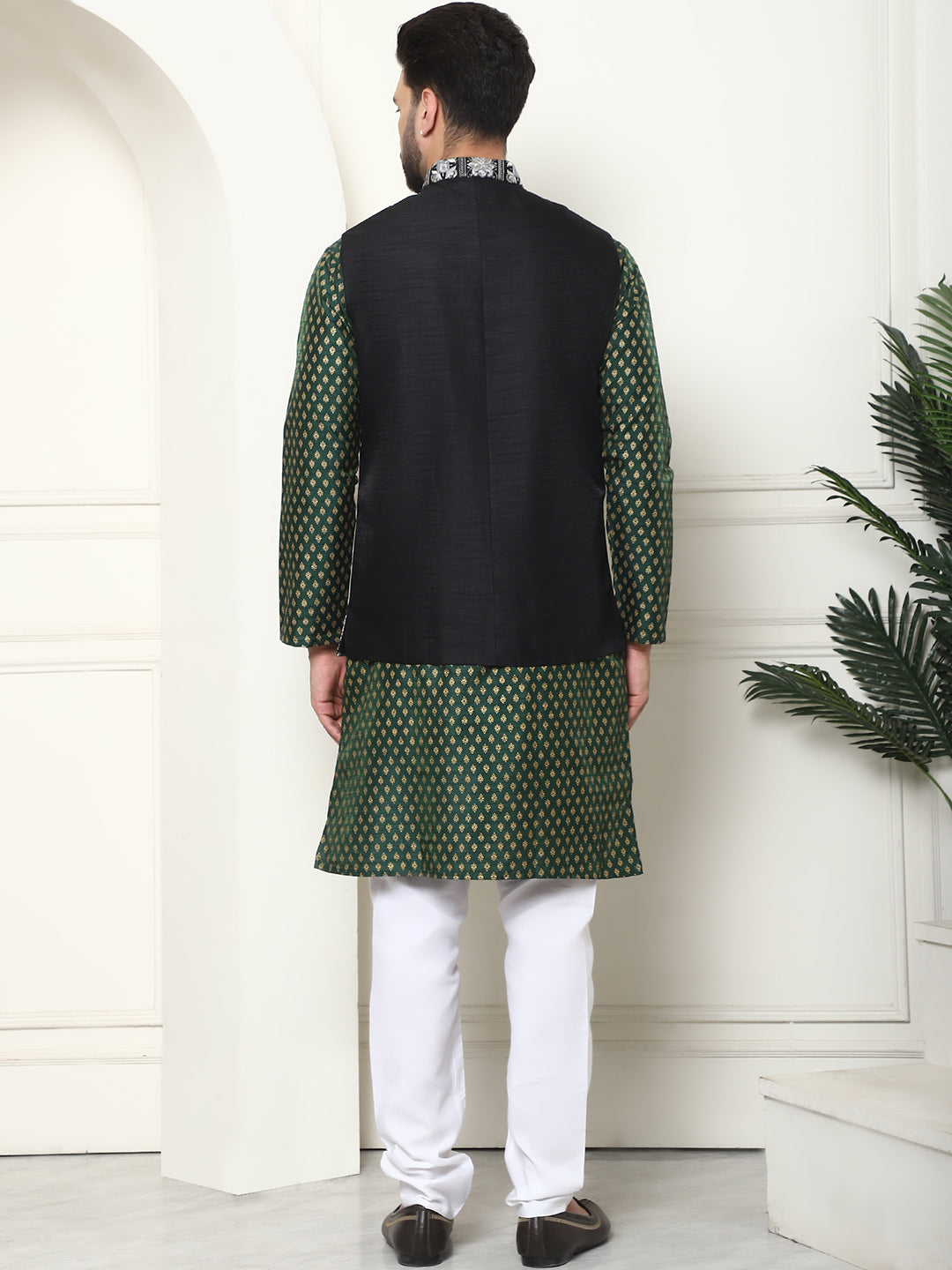 Men's Silk Blend Printed Dark Green Kurta and White Pyjama With Embroidered Black Nehru Jacket