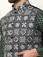 Men's Silk Blend Printed Dark Green Kurta and White Pyjama With Embroidered Black Nehru Jacket