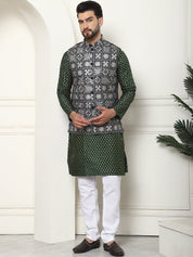 Men's Silk Blend Printed Dark Green Kurta and White Pyjama With Embroidered Black Nehru Jacket