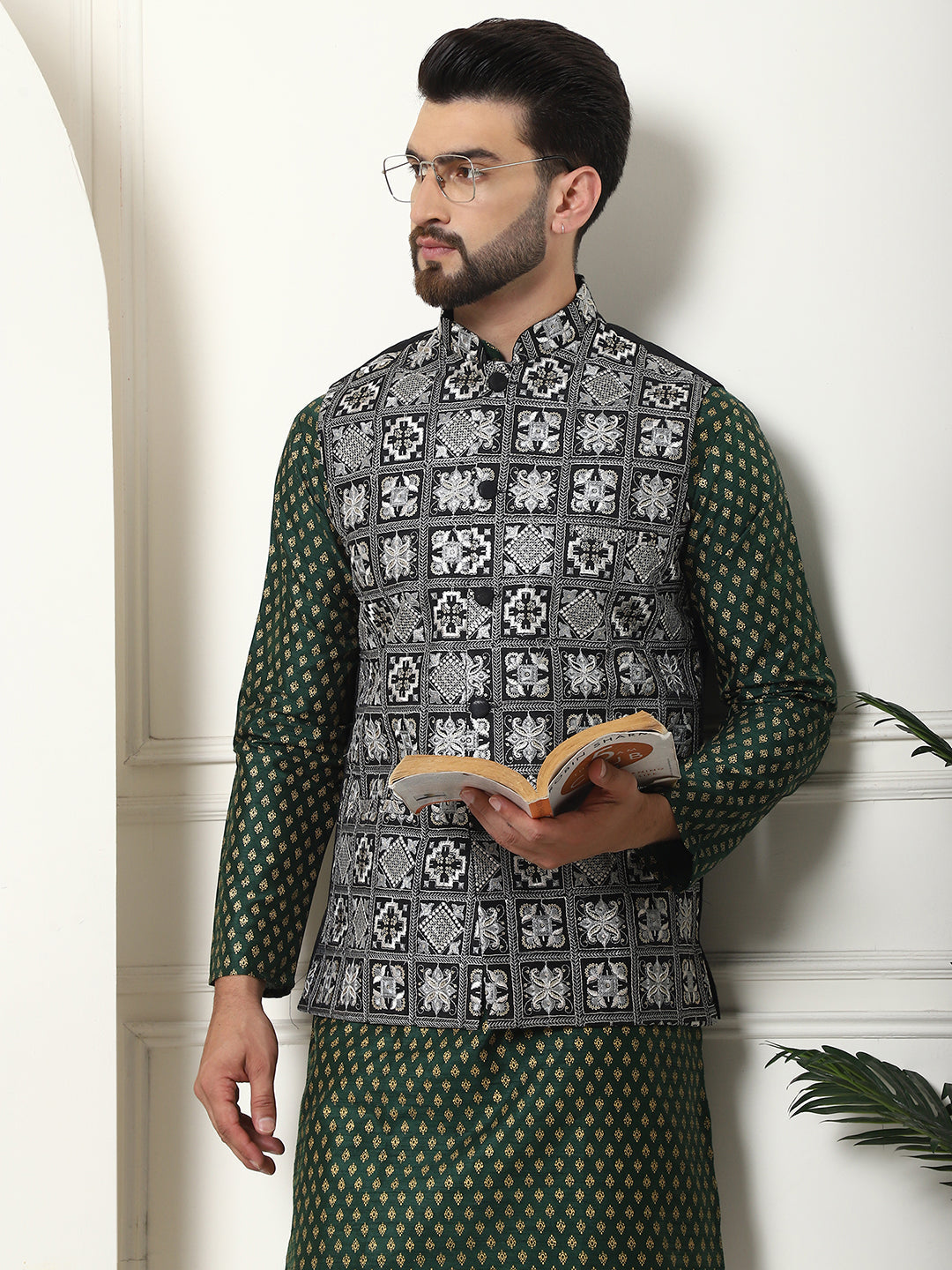 Men's Silk Blend Printed Dark Green Kurta and White Pyjama With Embroidered Black Nehru Jacket