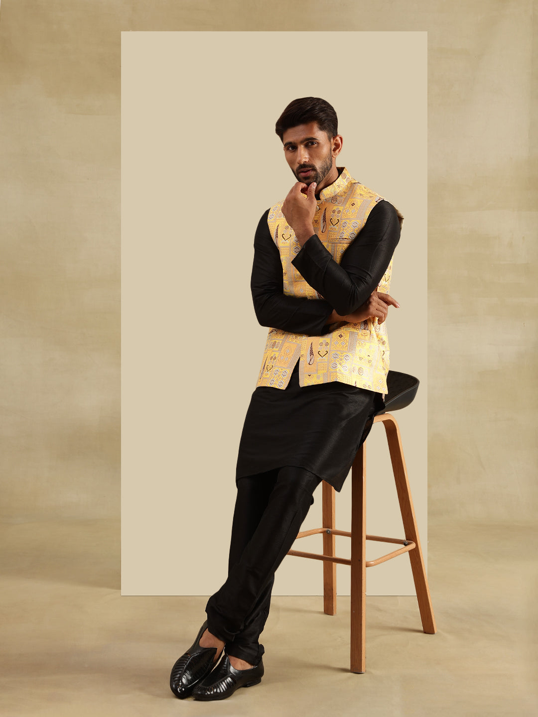 Men's Silk Blend Black Kurta and Pyjama With Jacquard Silk Yellow Nehru Jacket