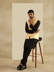 Men's Silk Blend Black Kurta and Pyjama With Jacquard Silk Yellow Nehru Jacket