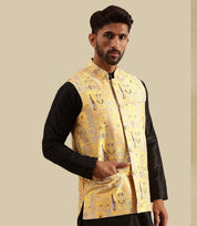 Men's Silk Blend Black Kurta and Pyjama With Jacquard Silk Yellow Nehru Jacket