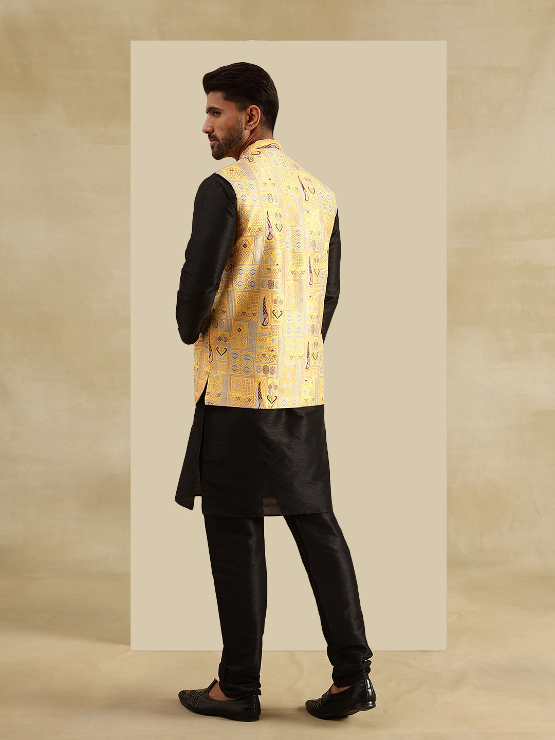 Men's Silk Blend Black Kurta and Pyjama With Jacquard Silk Yellow Nehru Jacket