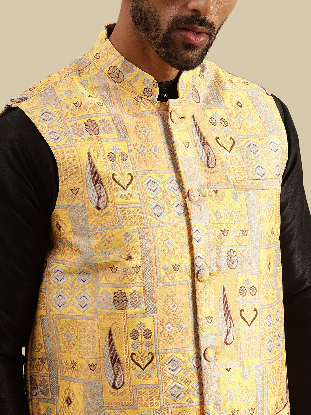 Men's Silk Blend Black Kurta and Pyjama With Jacquard Silk Yellow Nehru Jacket