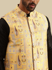 Men's Silk Blend Black Kurta and Pyjama With Jacquard Silk Yellow Nehru Jacket