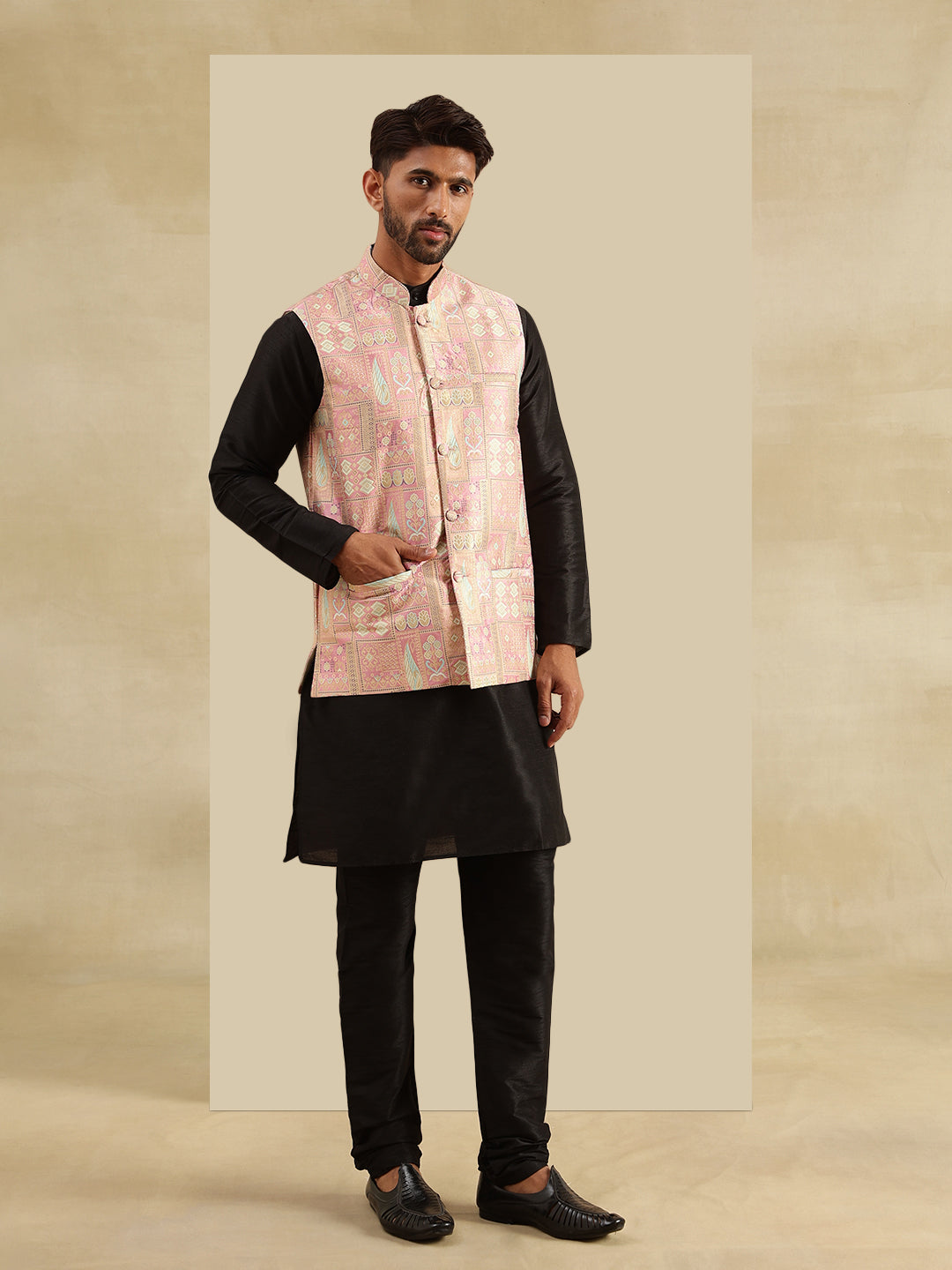 Men's Silk Blend Black Kurta and Pyjama With Jacquard Silk Pink Nehru Jacket
