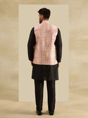 Men's Silk Blend Black Kurta and Pyjama With Jacquard Silk Pink Nehru Jacket