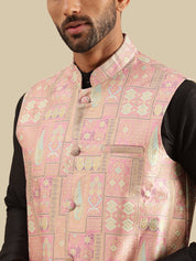 Men's Silk Blend Black Kurta and Pyjama With Jacquard Silk Pink Nehru Jacket