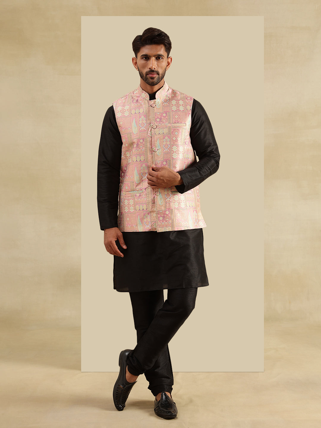 Men's Silk Blend Black Kurta and Pyjama With Jacquard Silk Pink Nehru Jacket