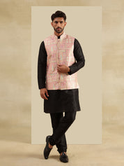 Men's Silk Blend Black Kurta and Pyjama With Jacquard Silk Pink Nehru Jacket