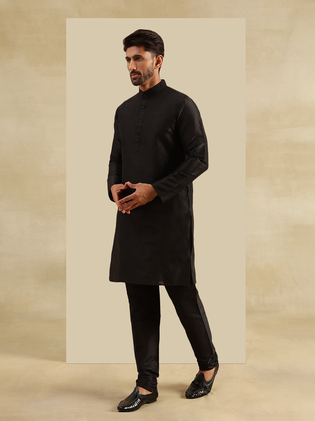 Men's Silk Blend Black Kurta and Pyjama With Jacquard Silk Pink Nehru Jacket