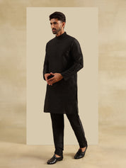 Men's Silk Blend Black Kurta and Pyjama With Jacquard Silk Pink Nehru Jacket