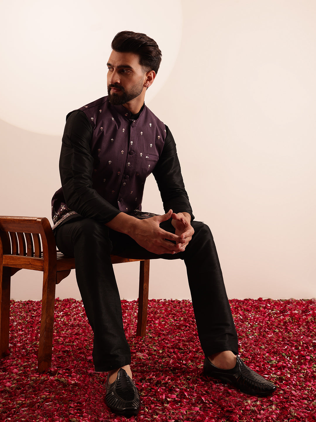 Men's Silk Blend Black Kurta and Pyjama With Daman Embroidered Wine Nehru Jacket