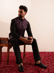 Men's Silk Blend Black Kurta and Pyjama With Daman Embroidered Wine Nehru Jacket