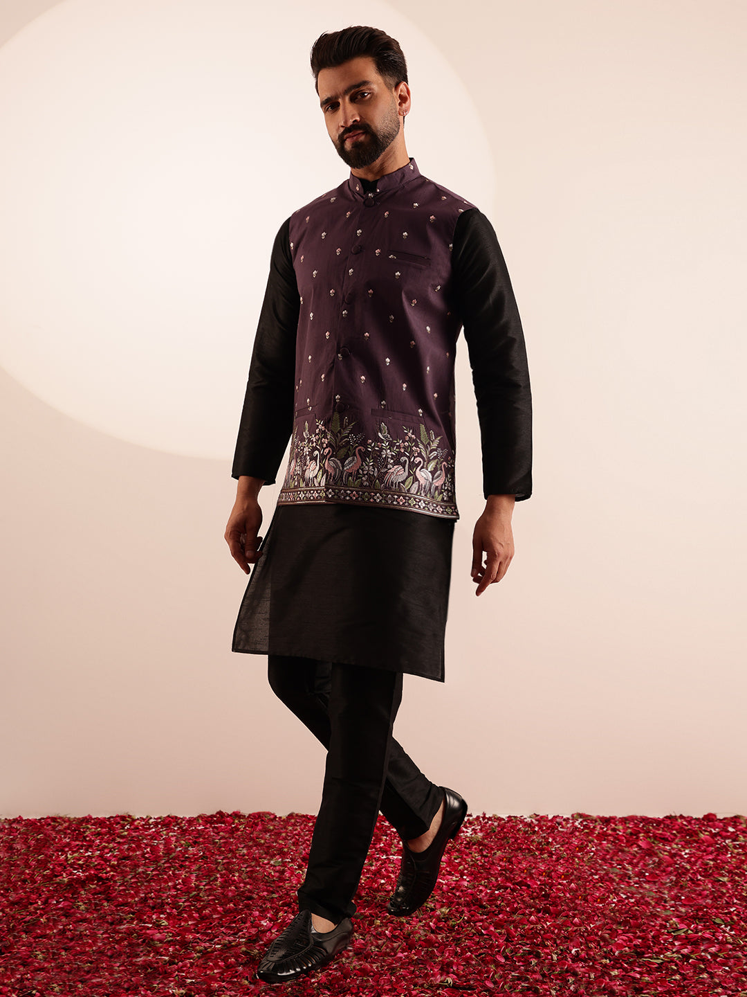 Men's Silk Blend Black Kurta and Pyjama With Daman Embroidered Wine Nehru Jacket