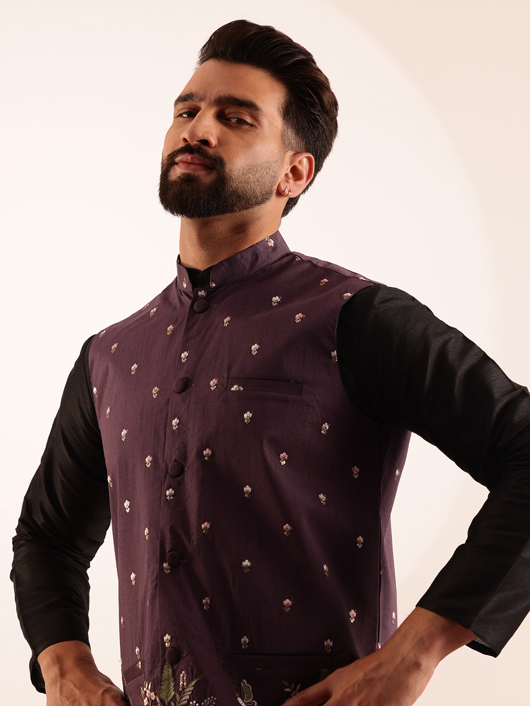 Men's Silk Blend Black Kurta and Pyjama With Daman Embroidered Wine Nehru Jacket