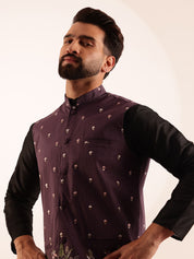 Men's Silk Blend Black Kurta and Pyjama With Daman Embroidered Wine Nehru Jacket