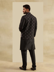 Men's Silk Blend Black Kurta and Pyjama With Daman Embroidered Black Nehru Jacket