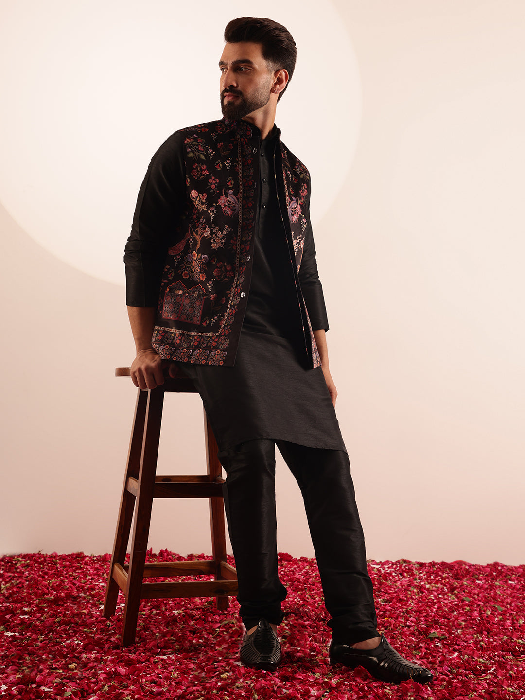 Men's Silk Blend Black Kurta and Pyjama With Paisley Design Velvet Black Nehru Jacket