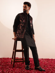 Men's Silk Blend Black Kurta and Pyjama With Paisley Design Velvet Black Nehru Jacket