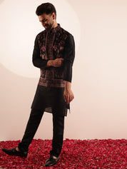 Men's Silk Blend Black Kurta and Pyjama With Paisley Design Velvet Black Nehru Jacket