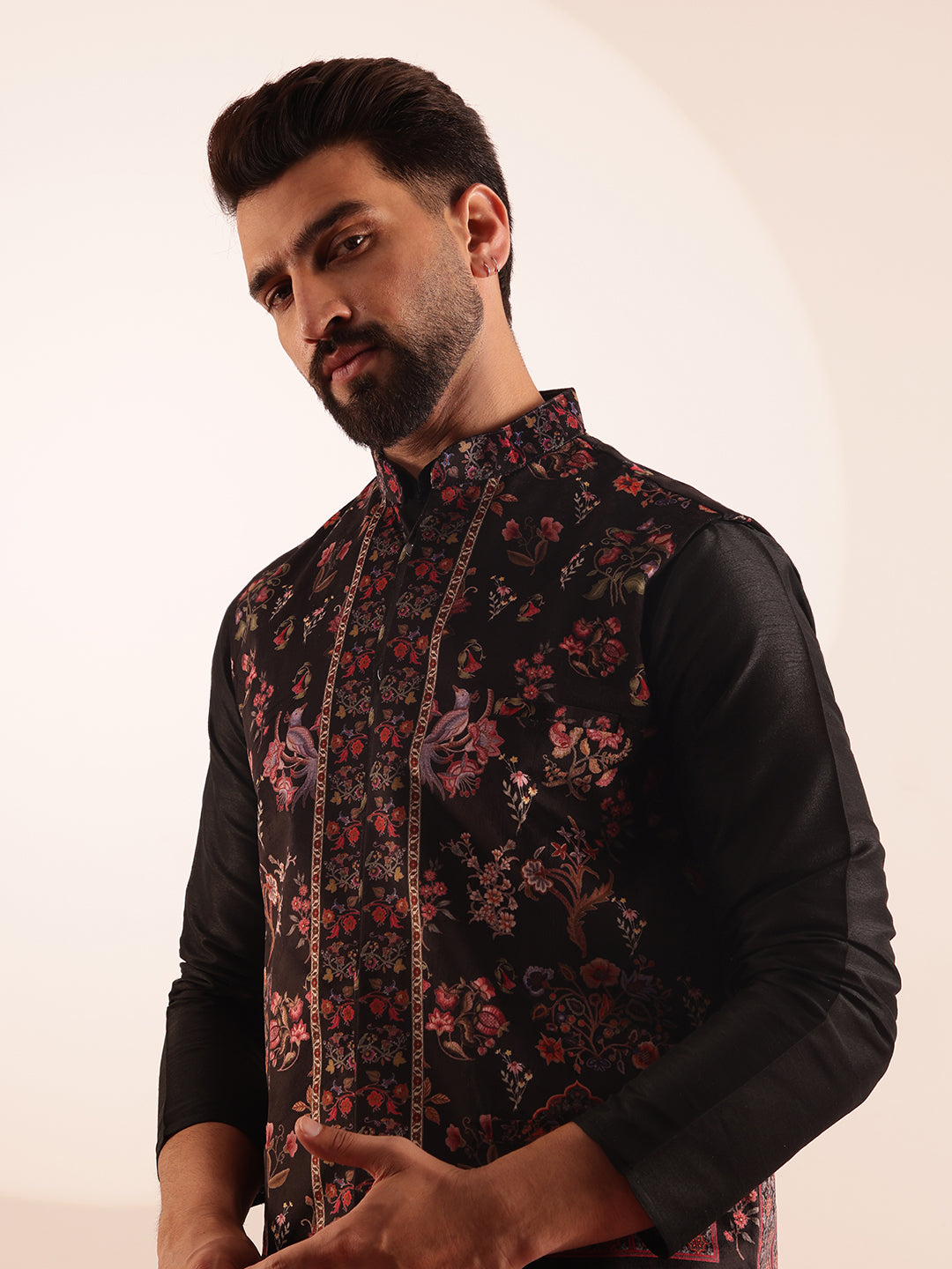 Men's Silk Blend Black Kurta and Pyjama With Paisley Design Velvet Black Nehru Jacket