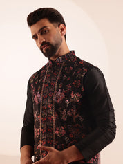 Men's Silk Blend Black Kurta and Pyjama With Paisley Design Velvet Black Nehru Jacket
