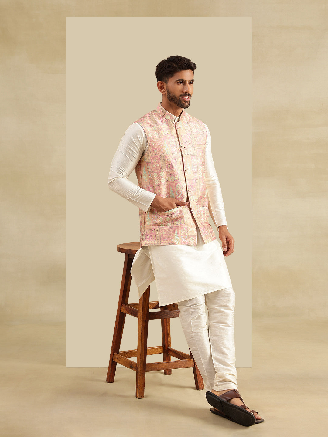 Men's Silk Blend Cream Kurta and Pyjama With Jacquard Silk Pink Nehru Jacket
