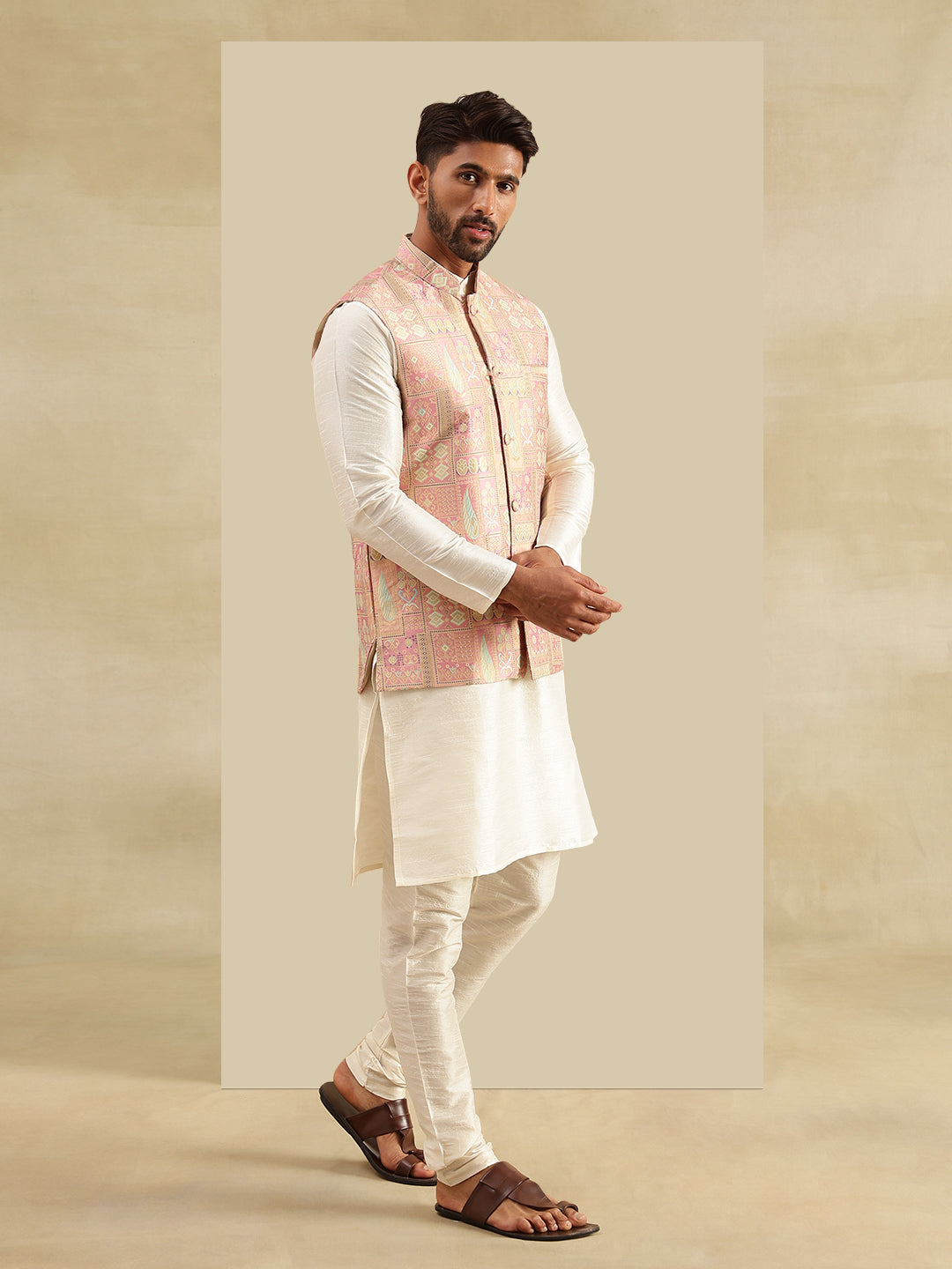 Men's Silk Blend Cream Kurta and Pyjama With Jacquard Silk Pink Nehru Jacket