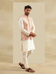 Men's Silk Blend Cream Kurta and Pyjama With Jacquard Silk Pink Nehru Jacket