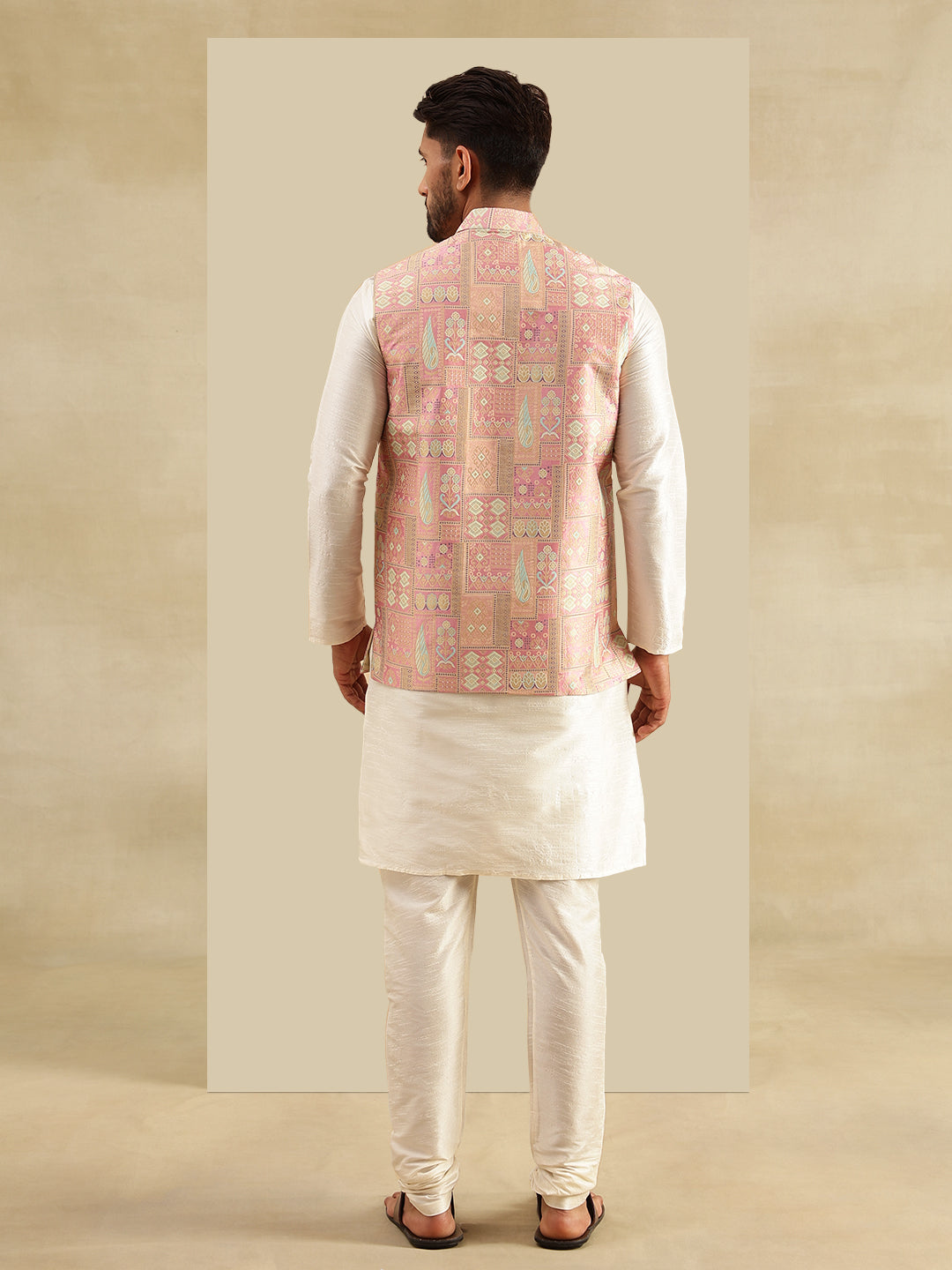 Men's Silk Blend Cream Kurta and Pyjama With Jacquard Silk Pink Nehru Jacket