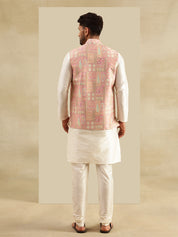 Men's Silk Blend Cream Kurta and Pyjama With Jacquard Silk Pink Nehru Jacket